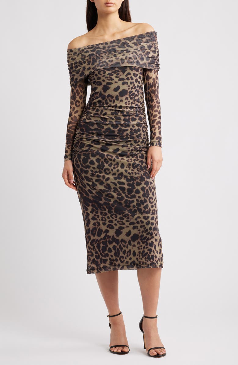 ICHI Ihparda Leopard Print Off the Shoulder Midi Dress, Main, color, Leopard