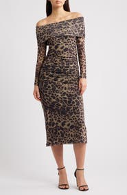 ICHI Ihparda Leopard Print Off the Shoulder Midi Dress