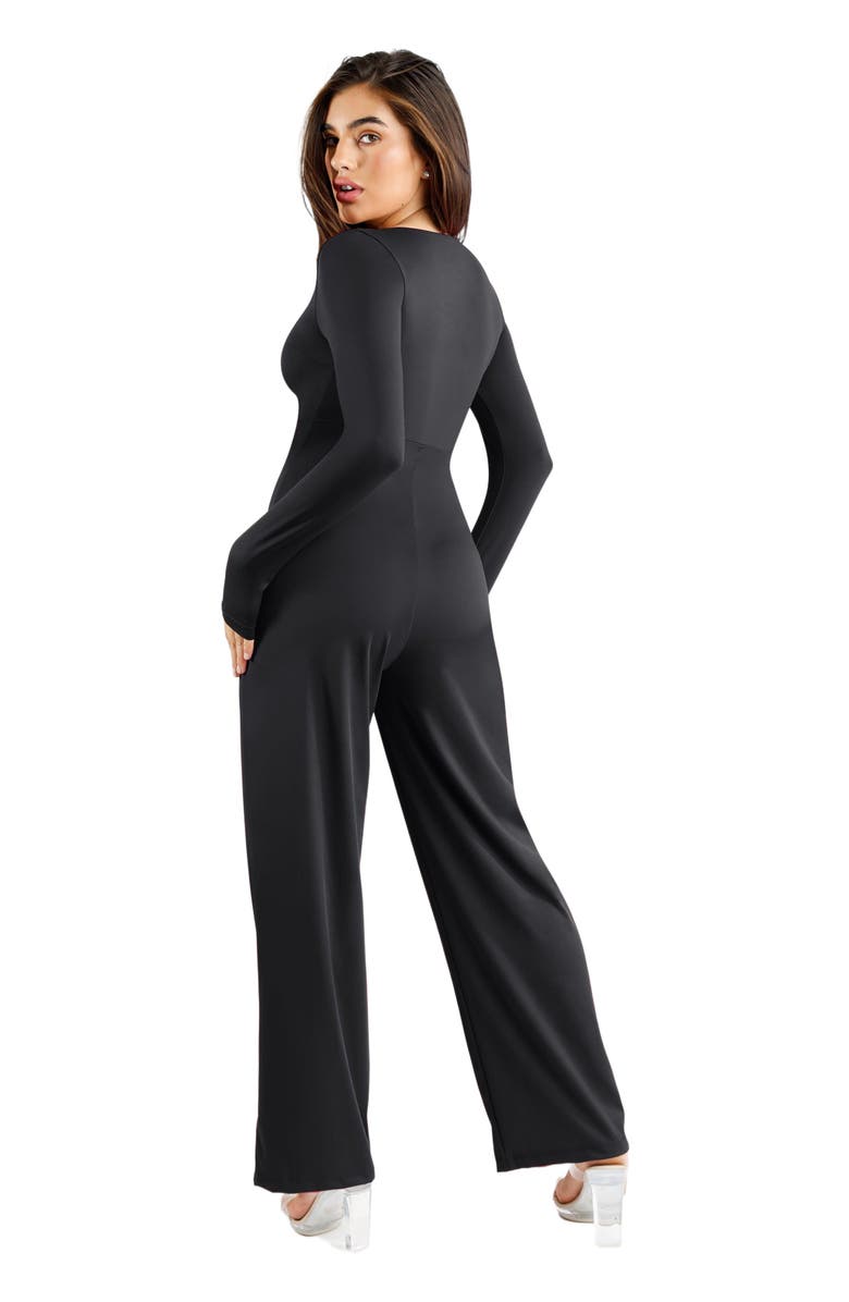 Popilush Shapewear Long Sleeve Square Neck Slimming Wide Leg Jumpsuit, Alternate, color, Midnight Black
