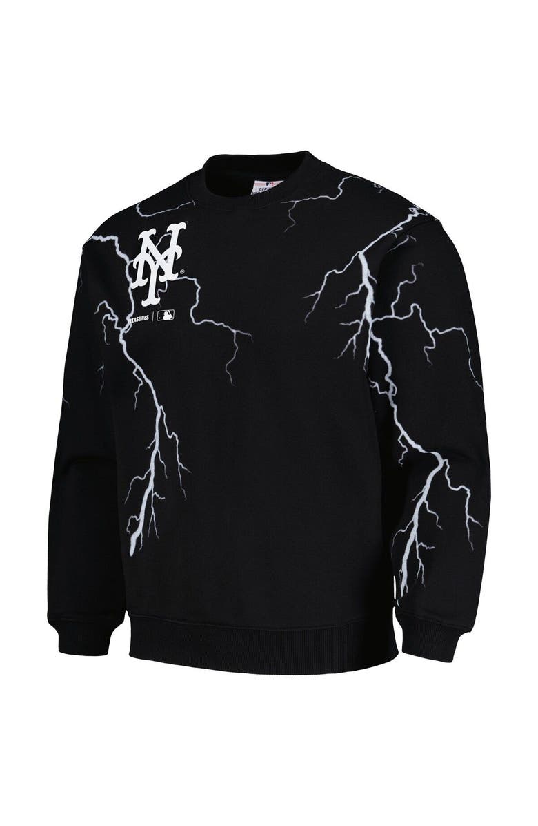 PLEASURES Men's PLEASURES  Black New York Mets Lightning Crewneck Pullover Sweatshirt, Alternate, color, 