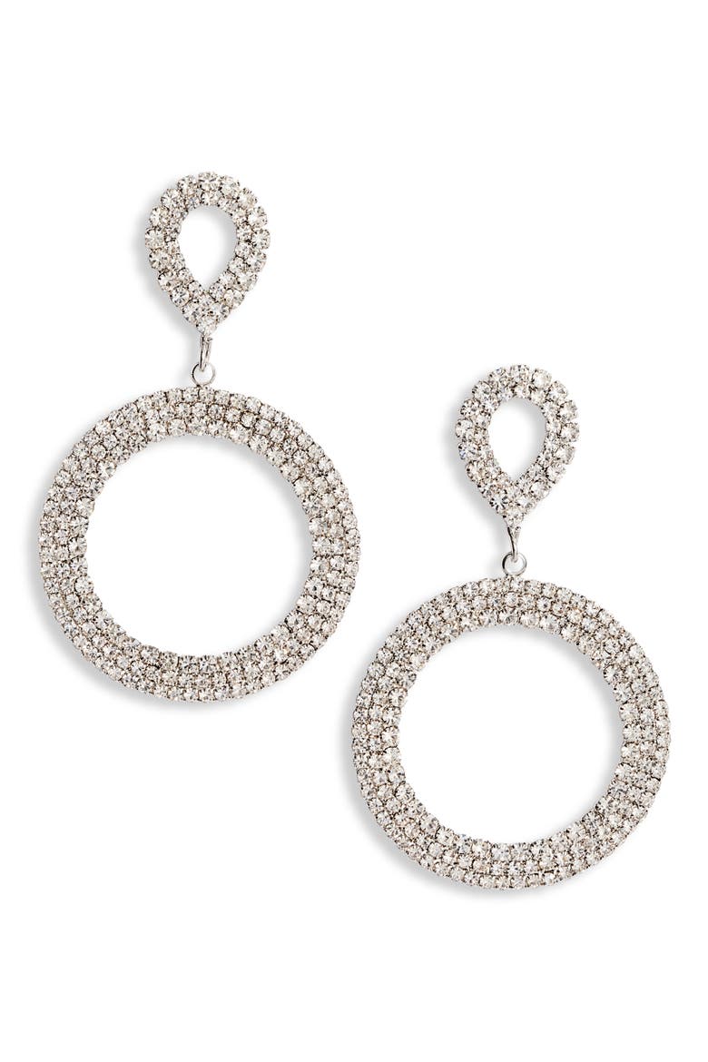 Double Swoop Crystal Hoop Earrings, Main, color, CRYSTAL/ SILVER