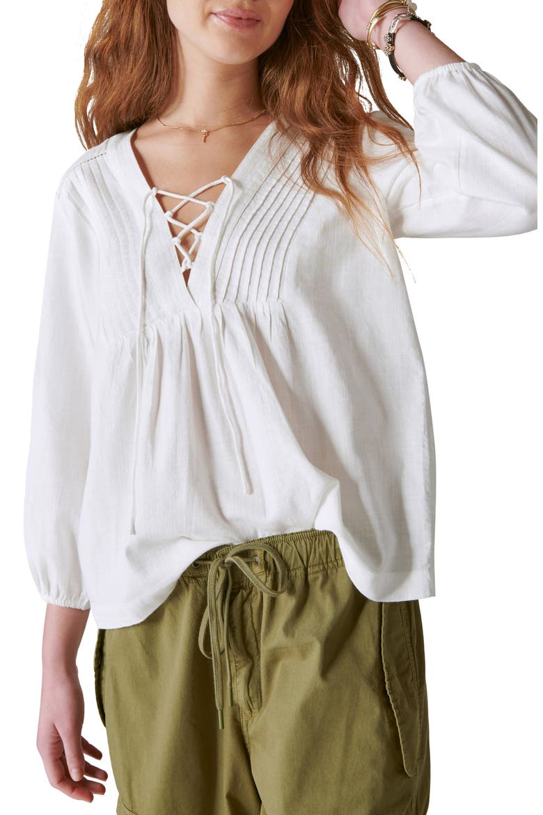 Lace-Up Cotton Peasant Blouse, Main, color, CLOUD DANCER