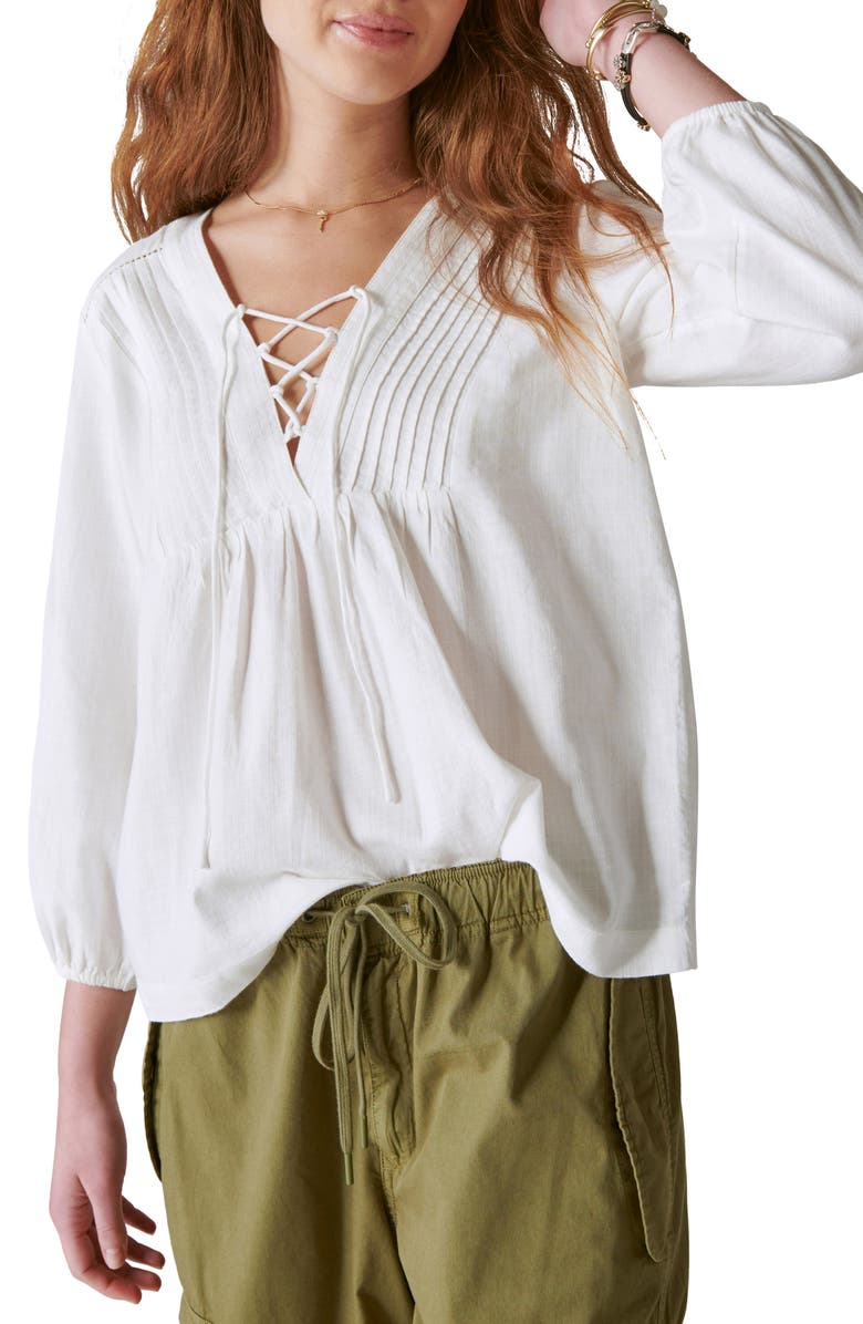 Lucky Brand Lace-Up Cotton Peasant Blouse, Main, color, 