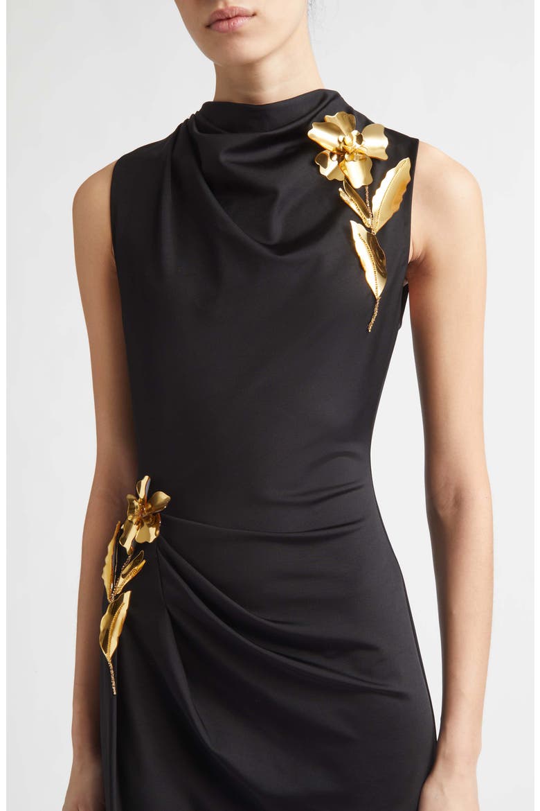 Metallic Embroidered Satin Midi Dress, Alternate, color, BLACK/ GOLD
