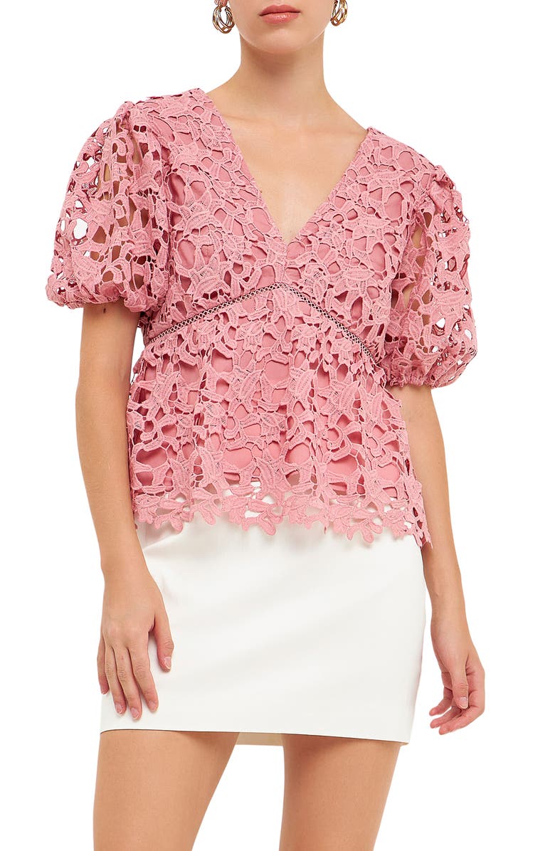 Endless Rose Puff Sleeve Floral Lace Top, Main, color, Mauve