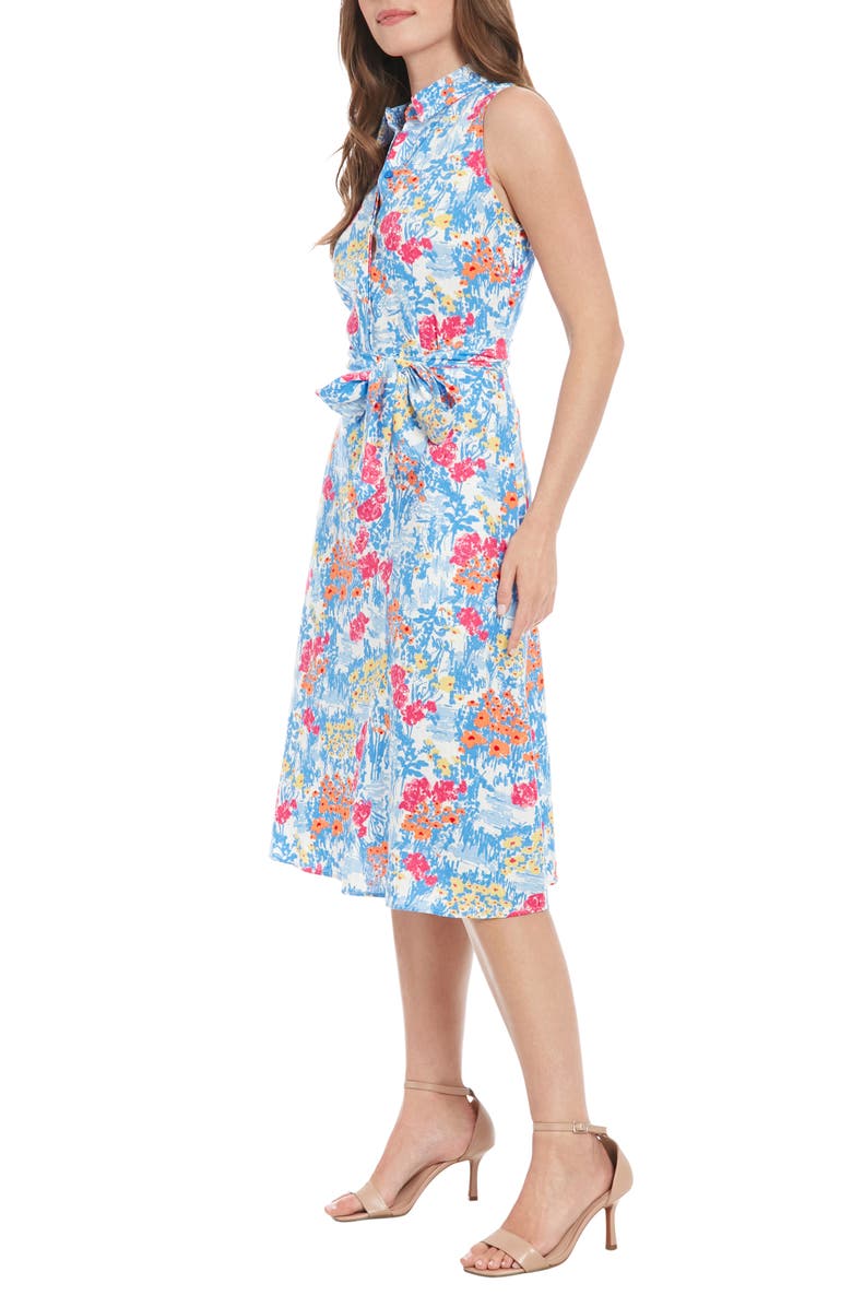 London Times Floral Sleeveless Linen Blend Midi Shirtdress, Alternate, color, Cream/ Cornflower Blue
