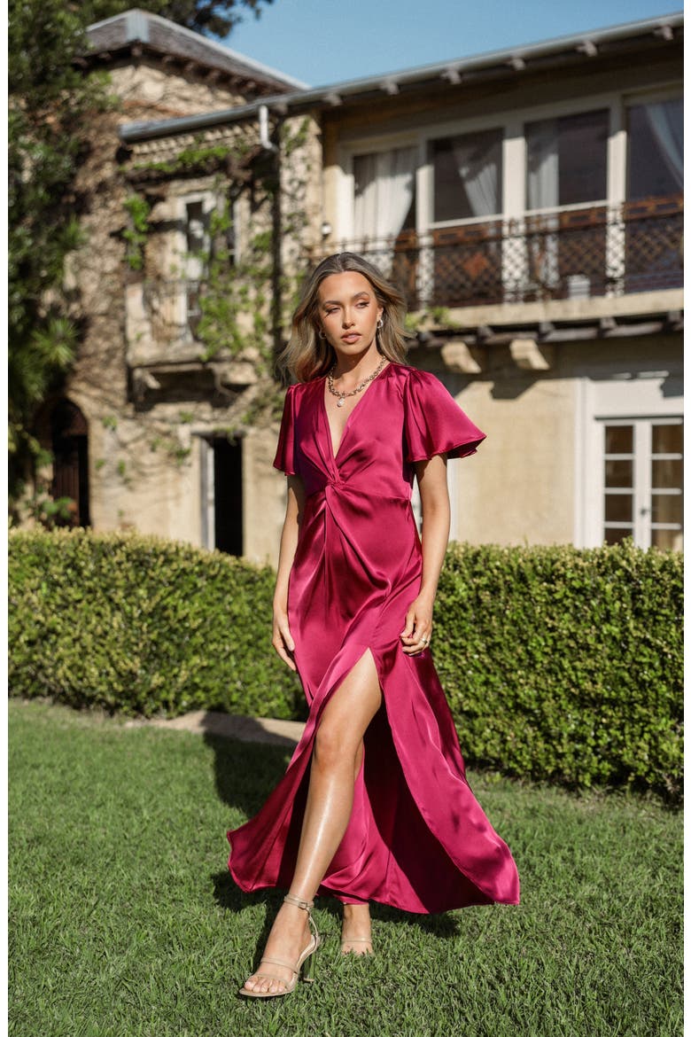 Hathaway Gathered Satin Dress, Alternate, color, BERRY