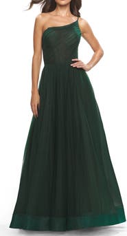 La Femme One Shoulder A-Line Tulle Gown with Sheer Bodice
