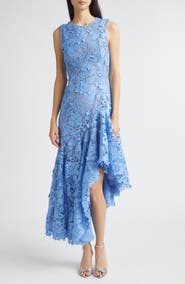 Oscar de la Renta Porcelain Flowers Asymmetric Guipure Lace Dress