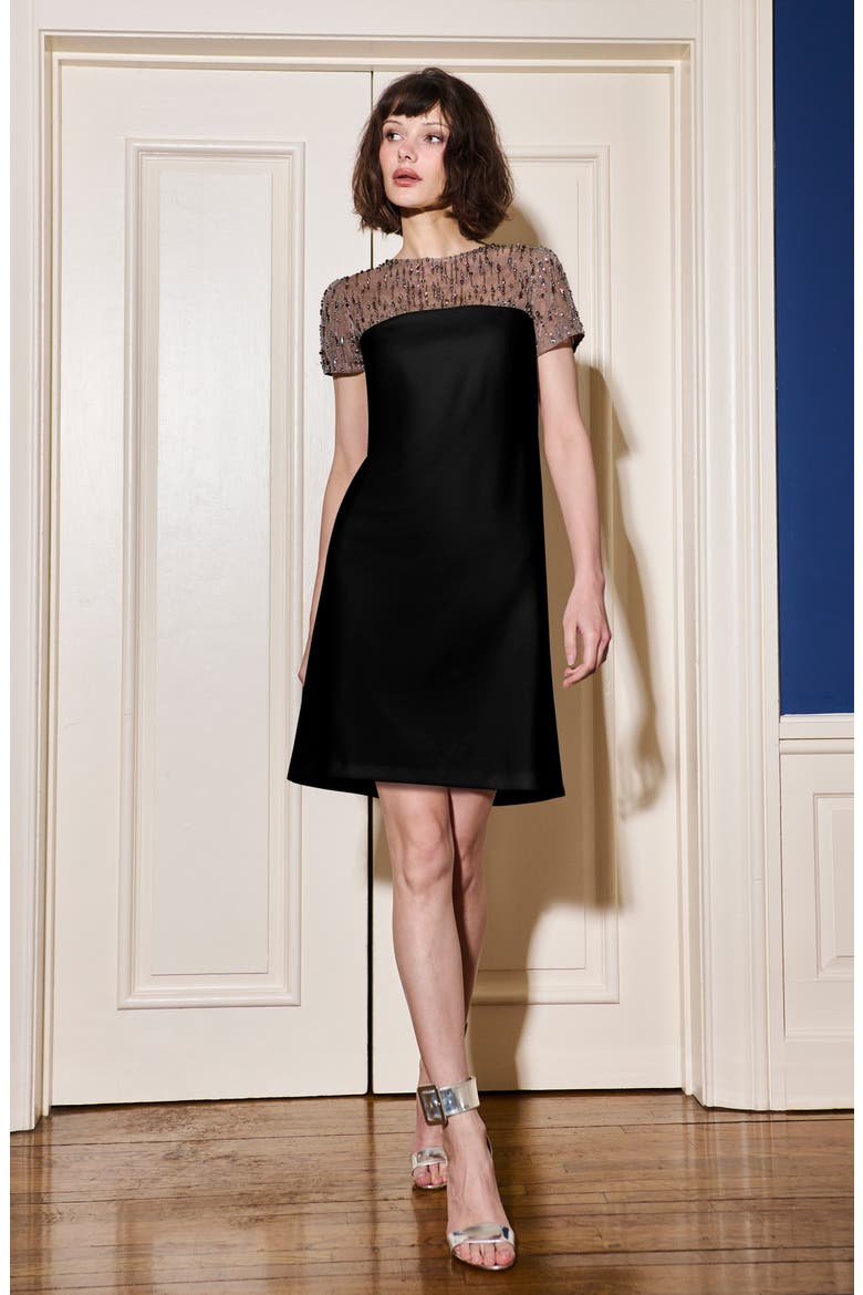 Crystal Illusion Stretch Crepe Cocktail Dress, Alternate, color, BLACK