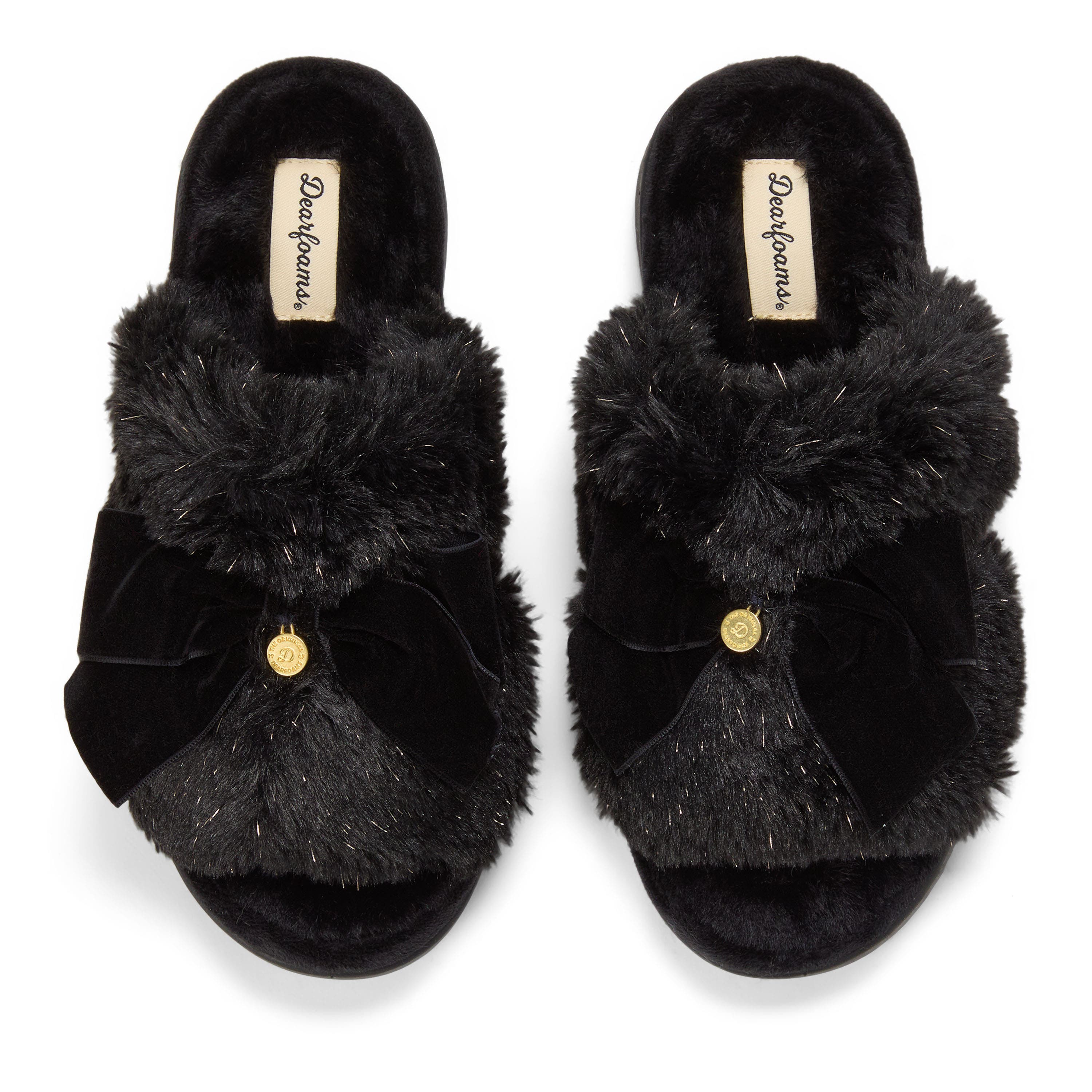 DEARFOAMS Bianca Pile Slide Slipper with Bow, Alternate, color, Black