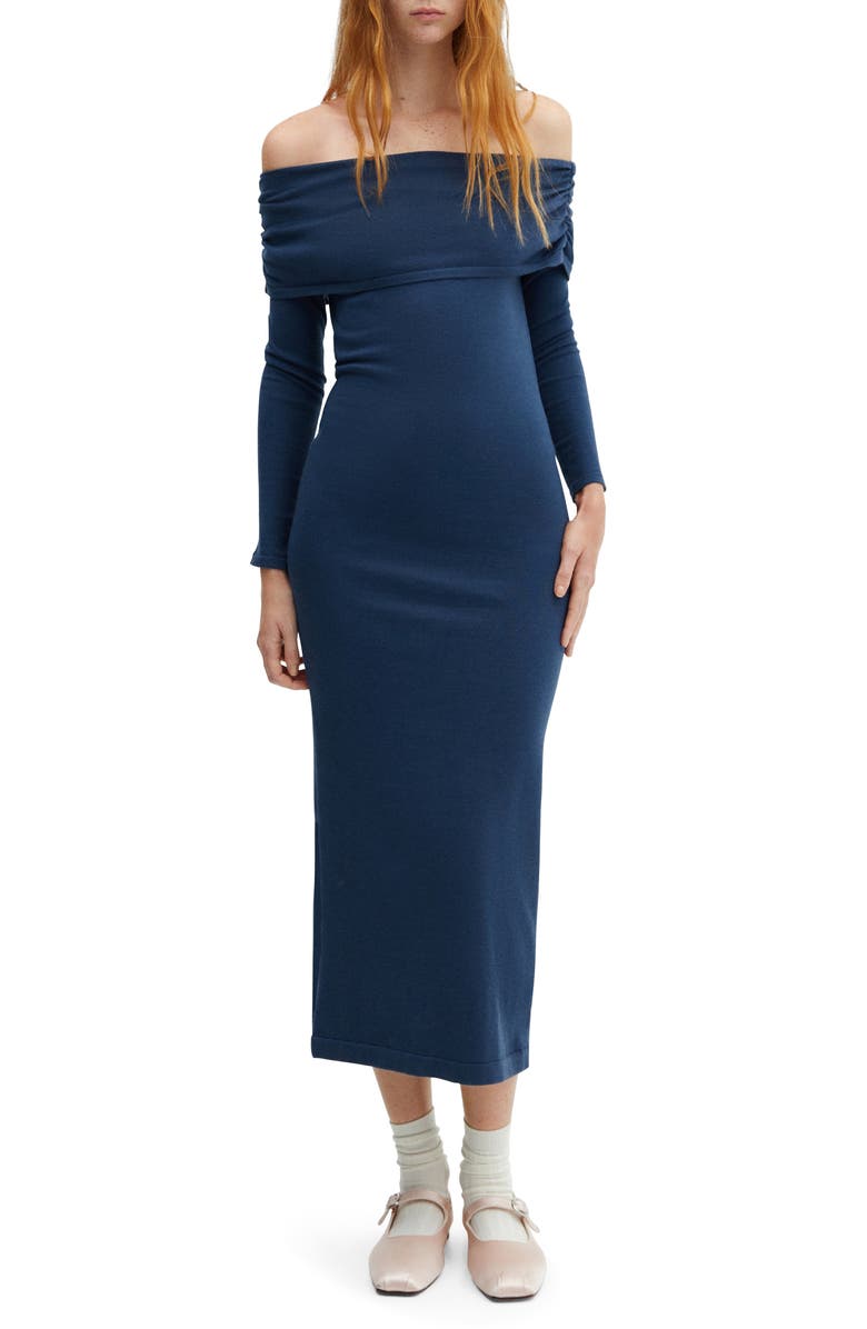 MANGO Off the Shoulder Long Sleeve Maxi Dress, Main, color, Blue