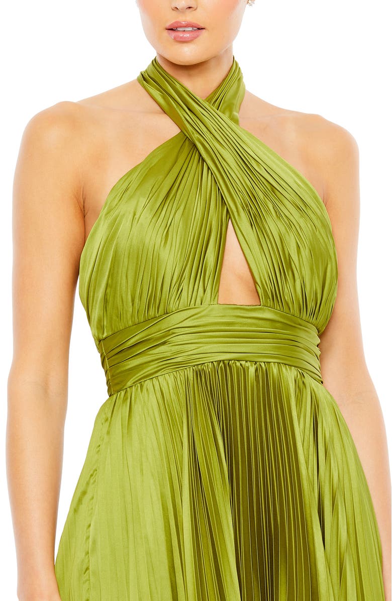 Mac Duggal Crisscross Halter Neck Accordion Pleat Handkerchief Gown, Alternate, color, Apple Green