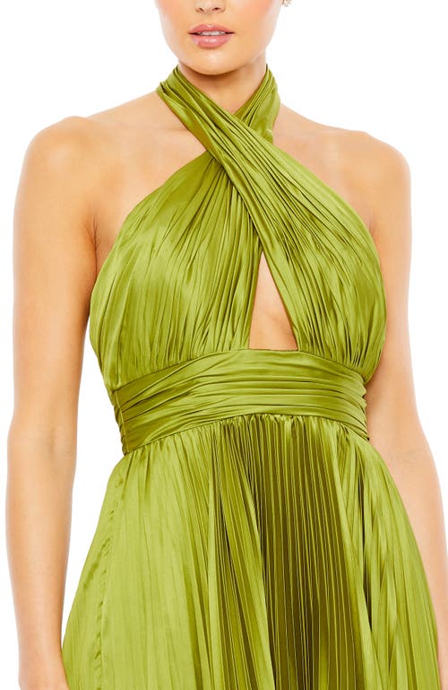 Mac Duggal Pleated Satin Halter Gown In Apple Green