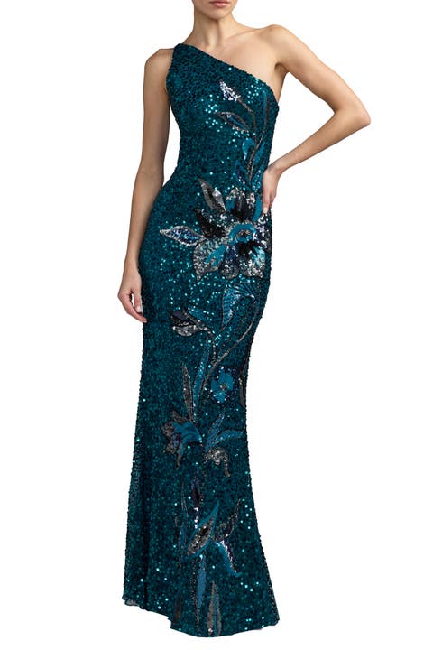 One-Shoulder Floral Sequin Evening Gown