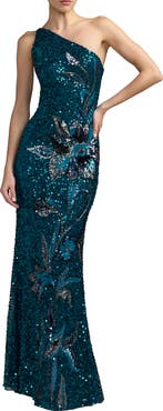 Mac Duggal One-Shoulder Floral Sequin Evening Gown