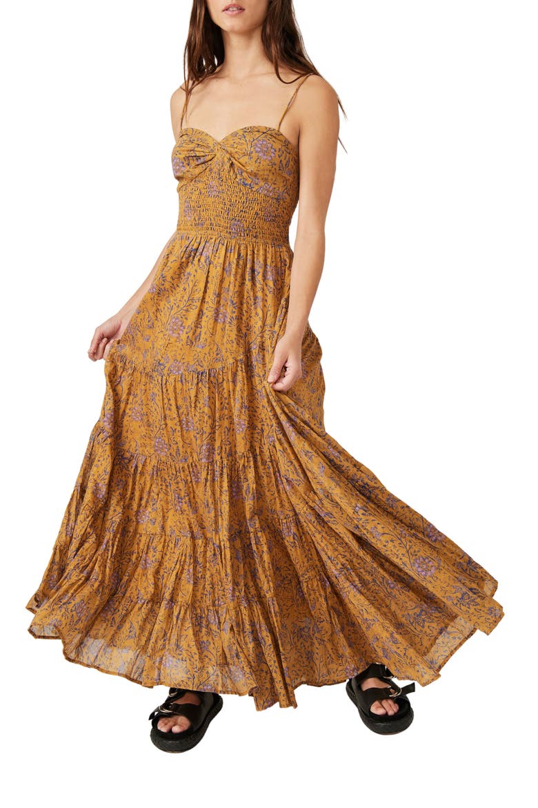 Sundrenched Floral Smocked Bodice Maxi Sundress, Main, color, DUSTY OLIVE COMBO