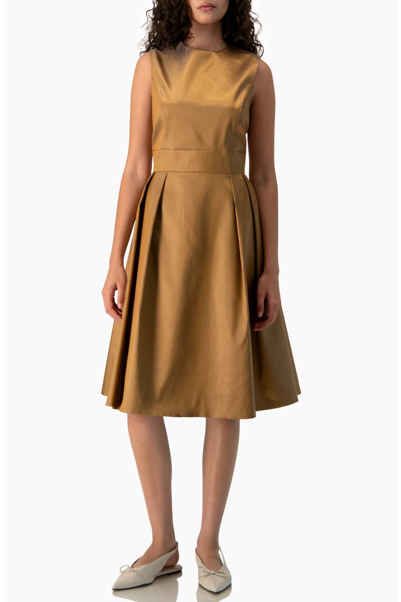 Sleeveless Bateau-Neck Pleated Fit-and-Flare Midi Dress, Main, color, Copper
