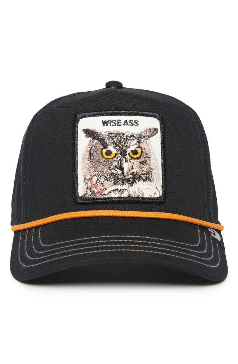Goorin Bros. Wise Ass Owl Patch Snapback Hat, Main, color, Black