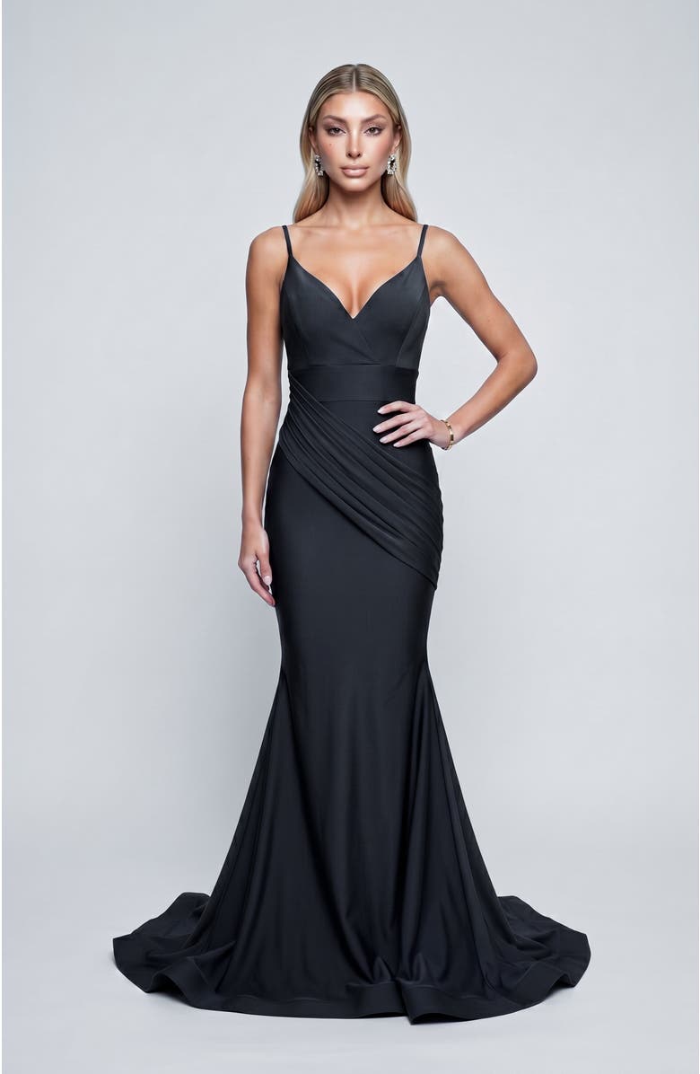 Jessica Angel Ruched Plunge Neck Mermaid Evening Gown, Alternate, color, Black