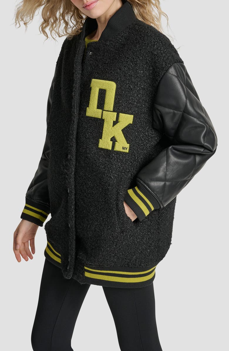 DKNY Logo Bouclé & Faux Leather Varsity Jacket, Alternate, color,
