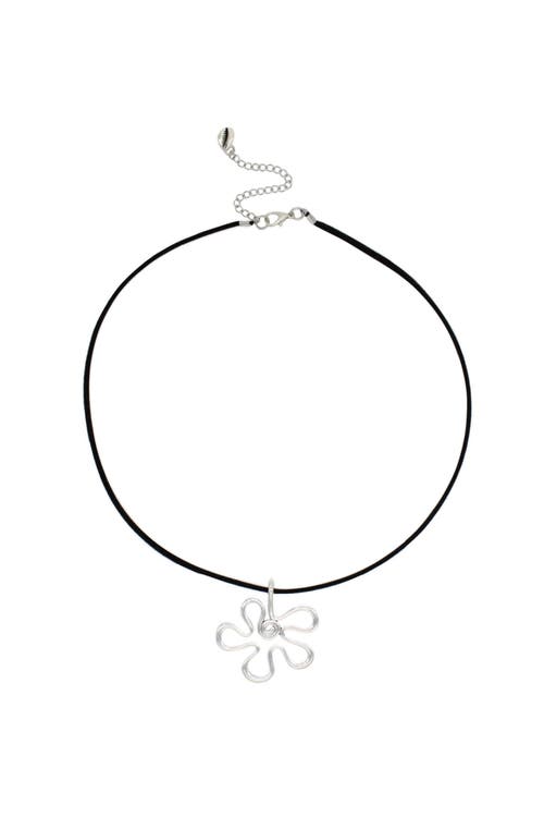 Velvet Luna Cord Necklace With Flower Charm In Black