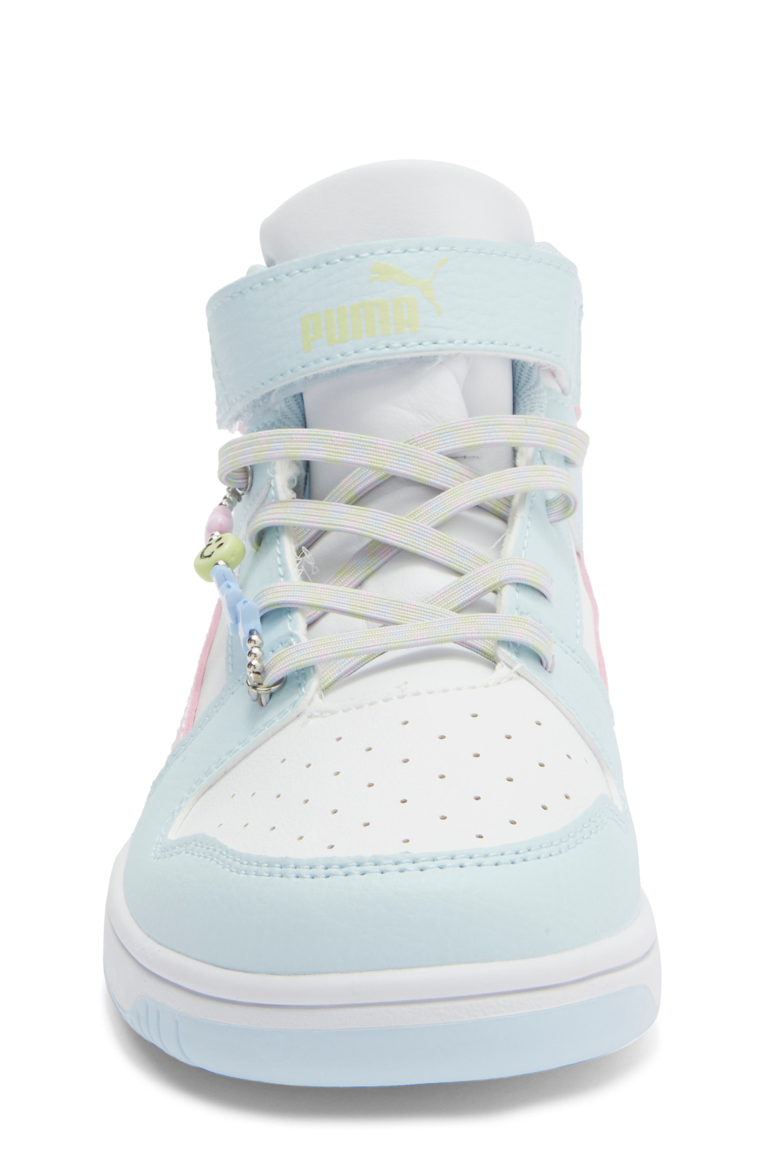 PUMA Kids' Rebound Layup Playful Charm High Top Sneaker, Alternate, color, Puma White/ Pearl Pink/ Apple