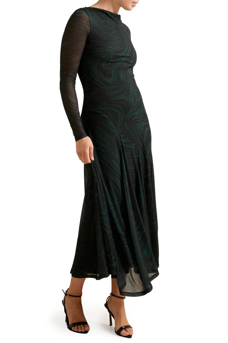 Tanny Long Sleeve Asymmetric Hem Mesh Midi Dress, Alternate, color, GREEN KALLARA