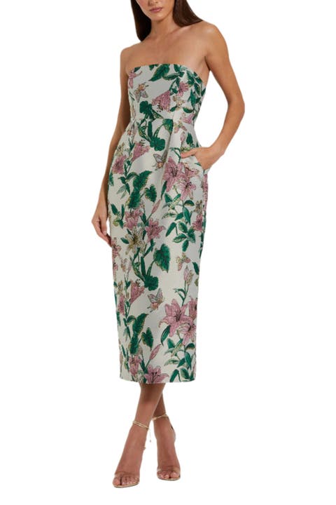 Floral Brocade Strapless Fitted Midi Dress