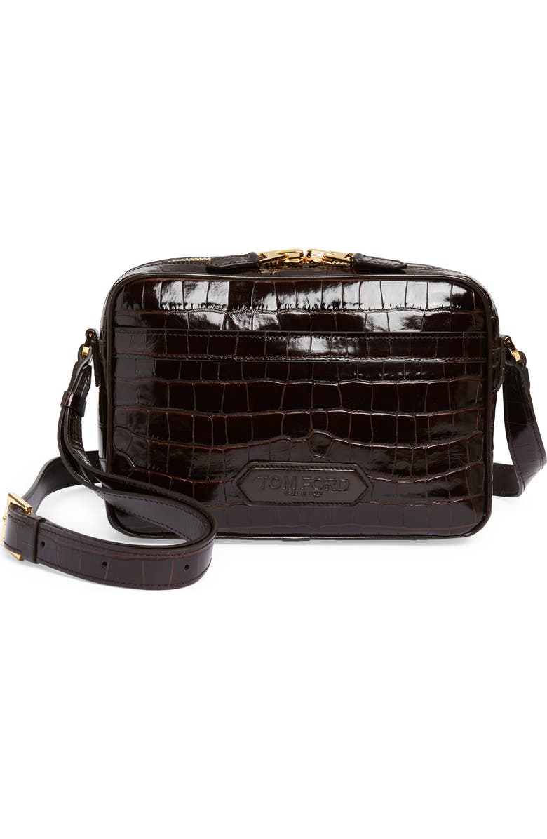 TOM FORD Small Croc Embossed Leather Messenger Bag, Main, color,