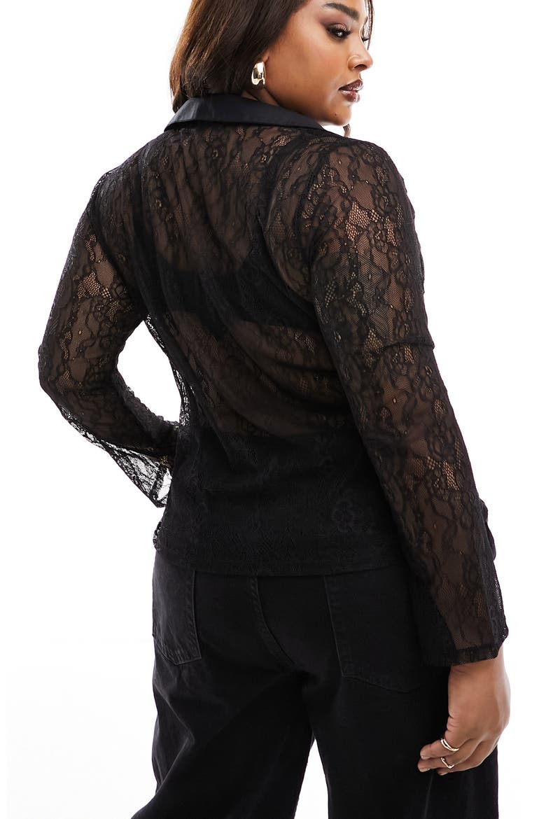 Curve Ruched Sheer Lace Shirt, Alternate, color, BLACK