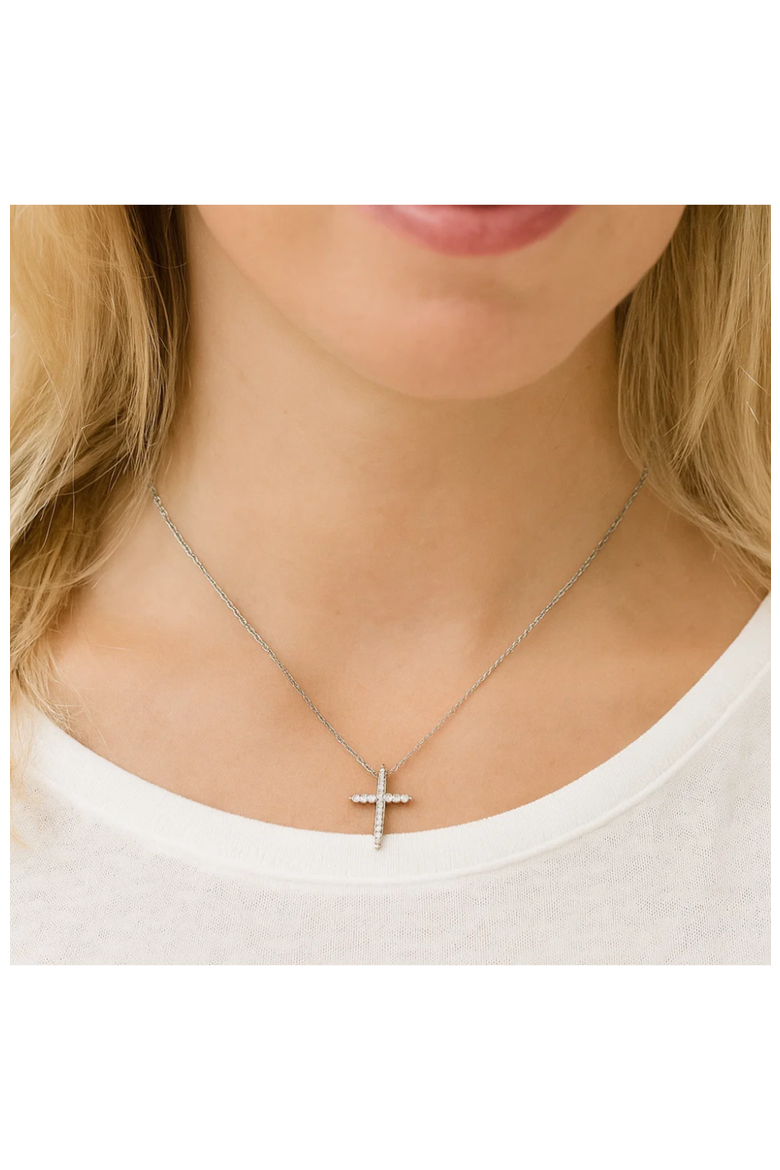 White Gold Cubic Zirconia Cross Necklaces, Alternate, color, Silver