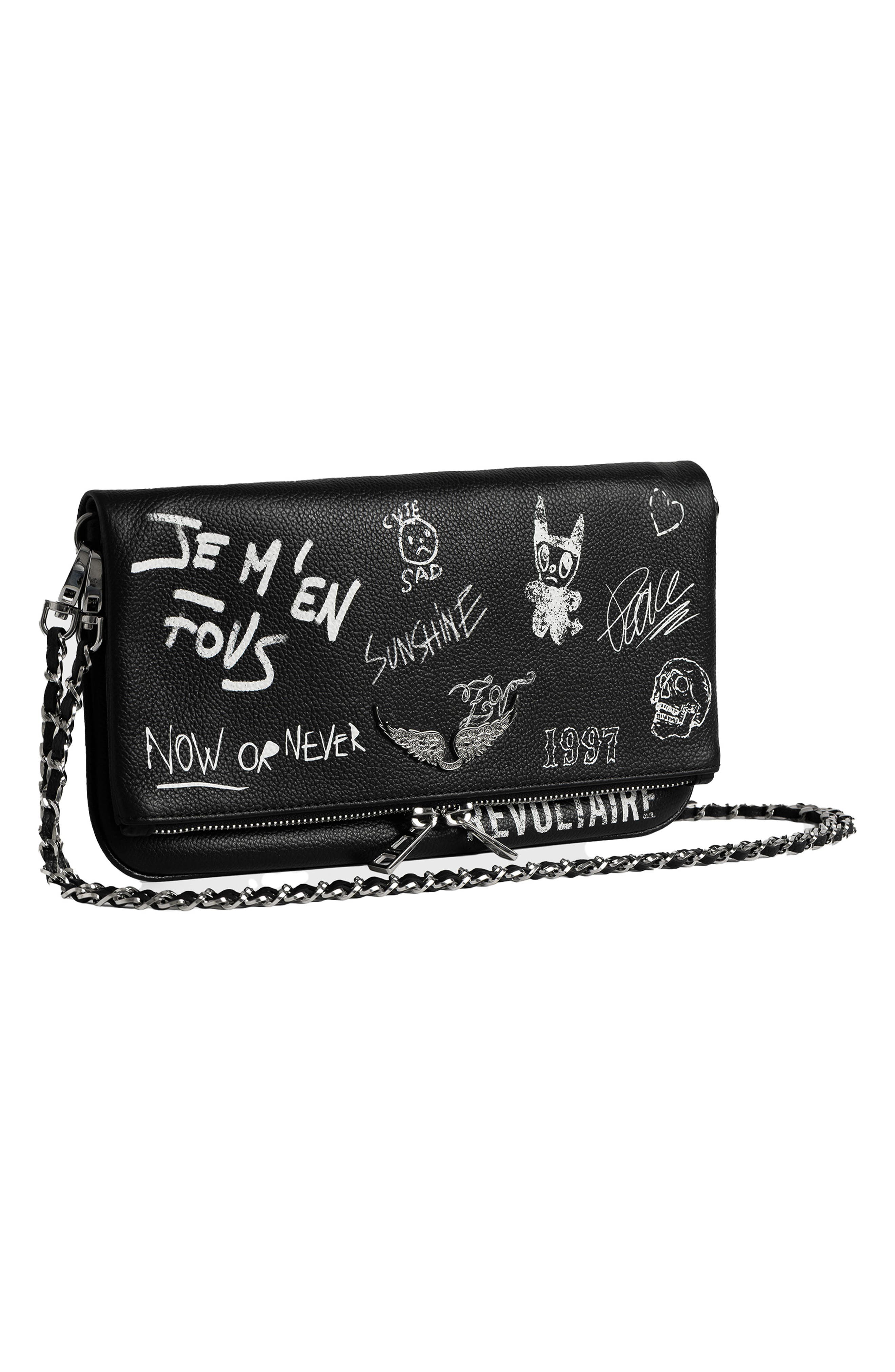 Rock Arty Tag Leather Clutch, Alternate, color, BLACK
