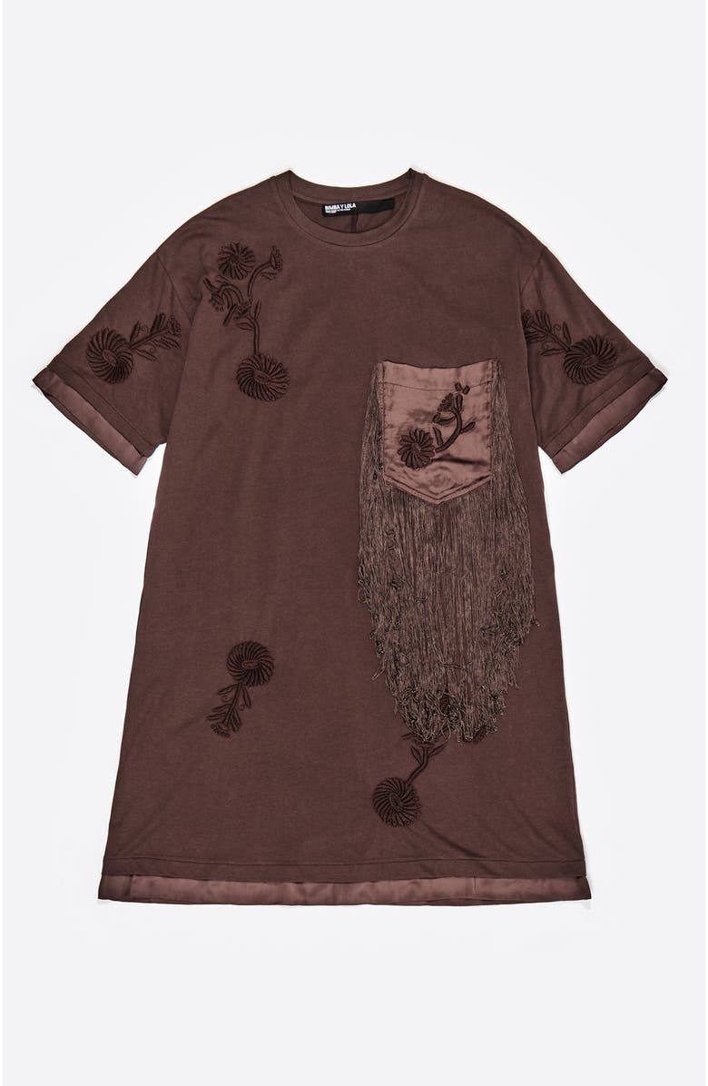 Bimba y Lola Short Embroidered Fringed Dress, Alternate, color, Brown