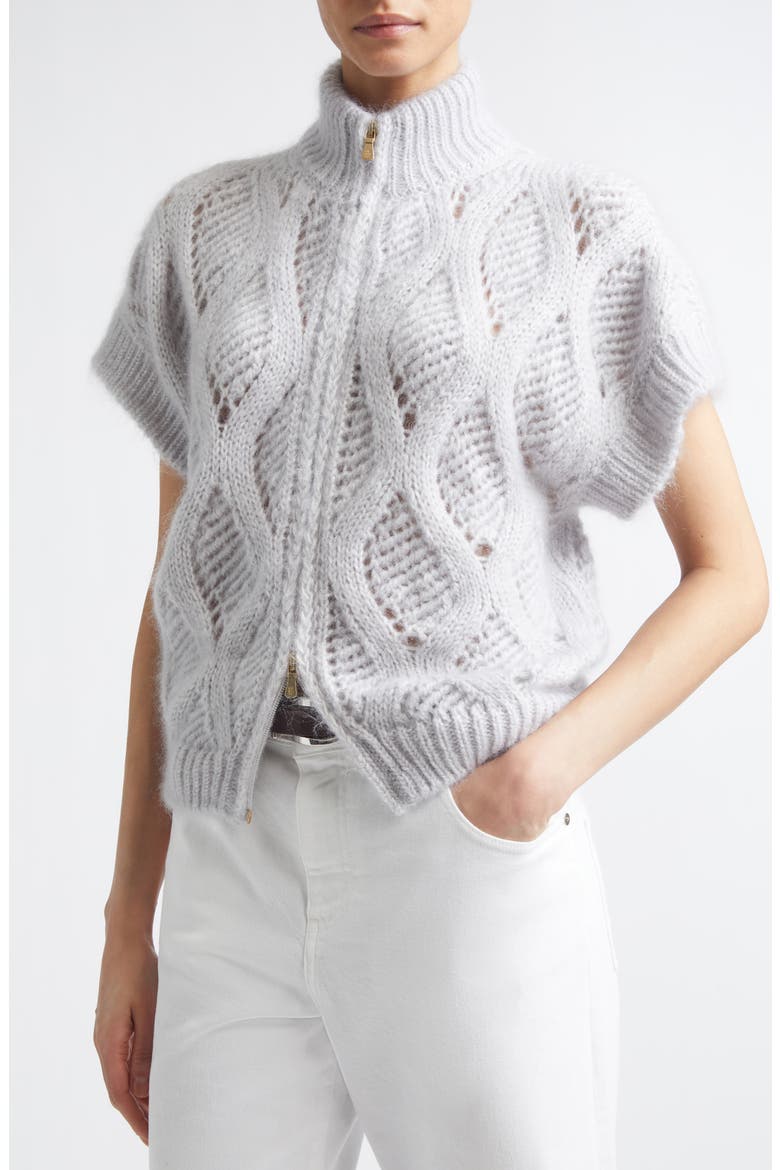 Open Stitch Short Sleeve Mohair & Silk Zip Cardigan, Alternate, color, JADE POWDER