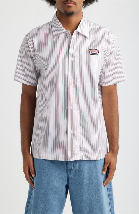 Santo Stripe Short Sleeve Cotton Button-Up Shirt