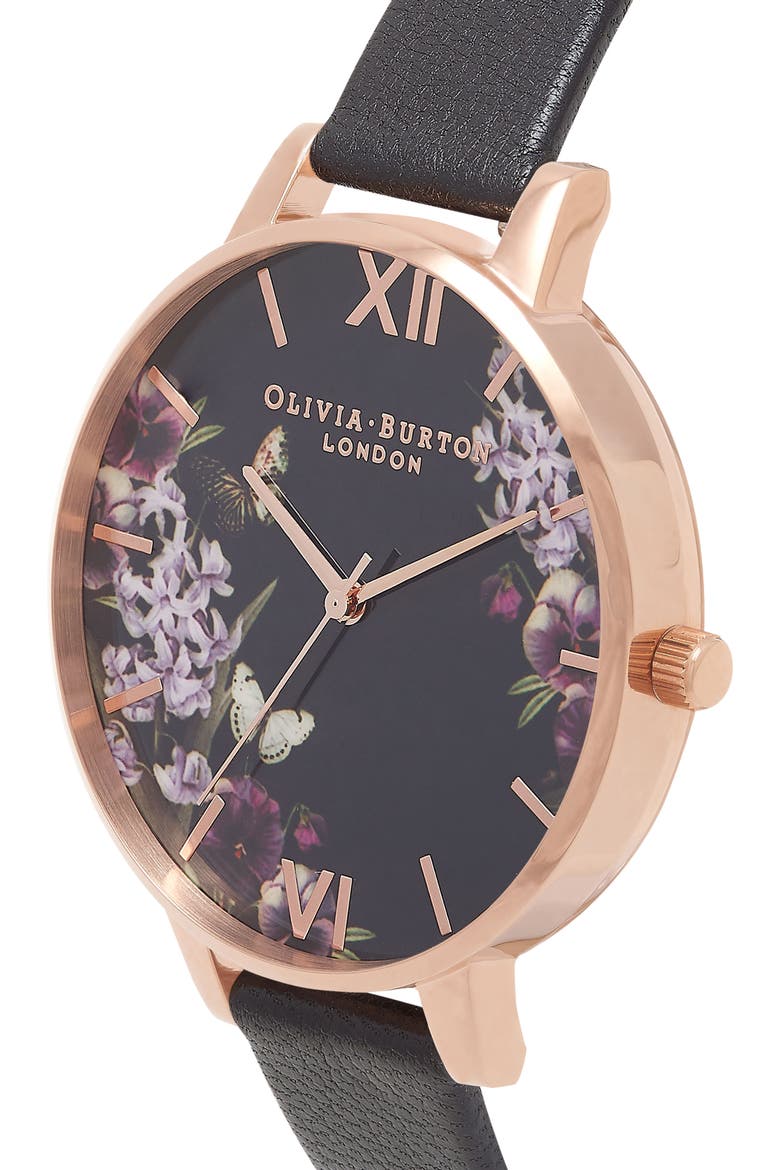 Enchanted Garden Leather Strap Watch, 38mm, Alternate, color, BLACK/ FLORAL/ ROSE GOLD