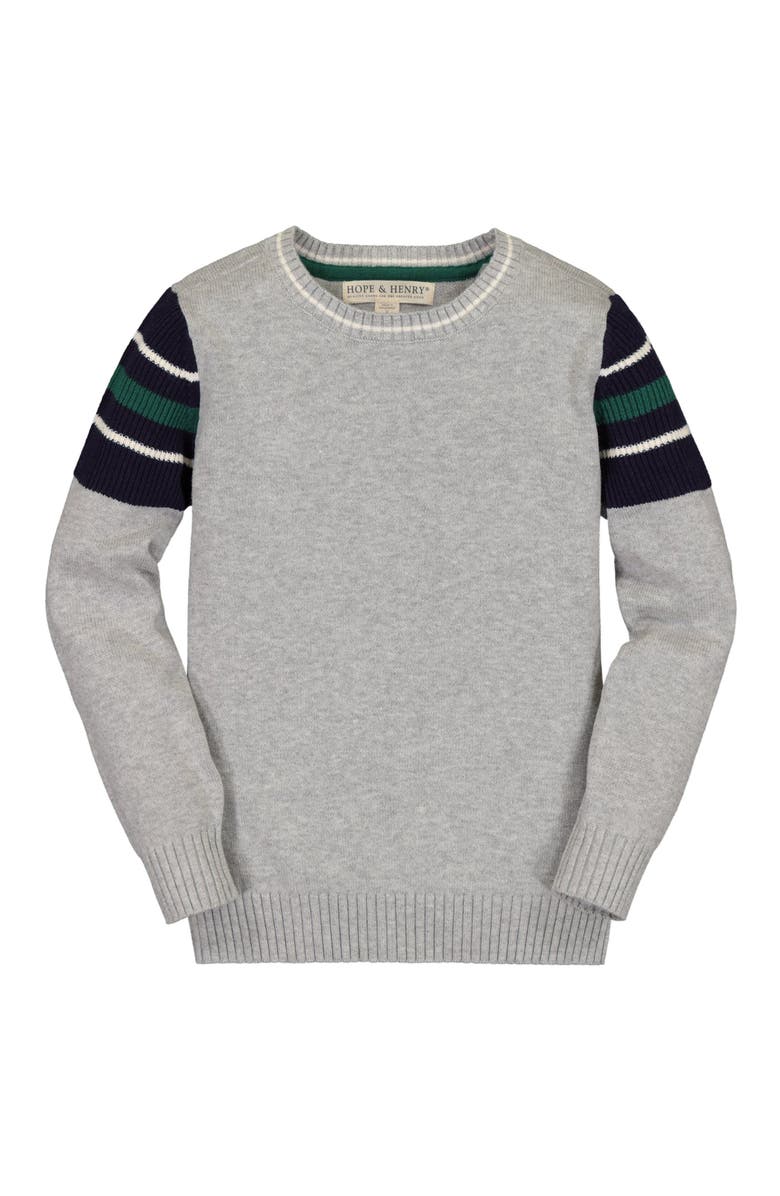 Hope & Henry Baby Boys' Crewneck Pullover Sweater, Infant, Main, color, Grey Heather Rib Sleeve Stripe
