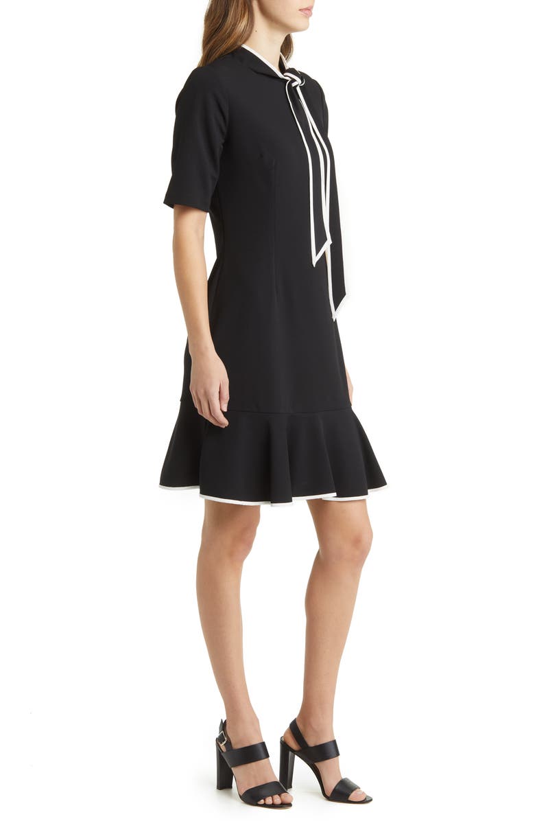 Adrianna Papell Tie Neck Short Sleeve Crepe Sheath Dress, Alternate, color, Black/Ivory