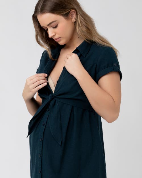 Ripe Maternity Maternity Colette Short Sleeve Tie Up Linen Dress In Black