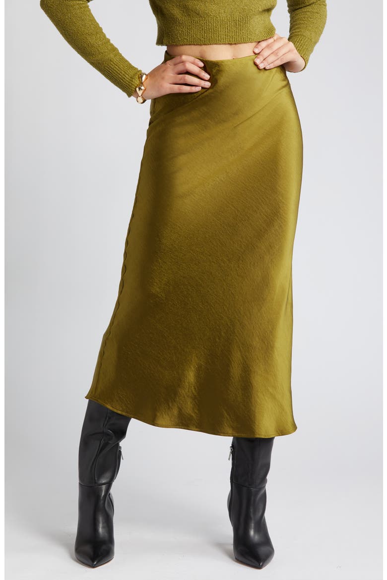 Satin Column Maxi Skirt, Main, color, OLIVE AVOCADO