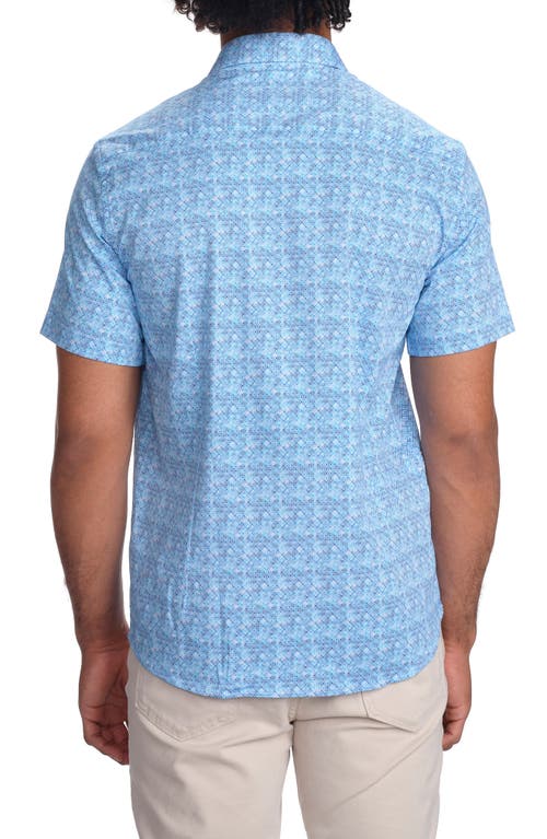 Studio Garnet Los Angeles Blue Square Print Short Sleeve Stretch Cotton Button-up Shirt In Blue