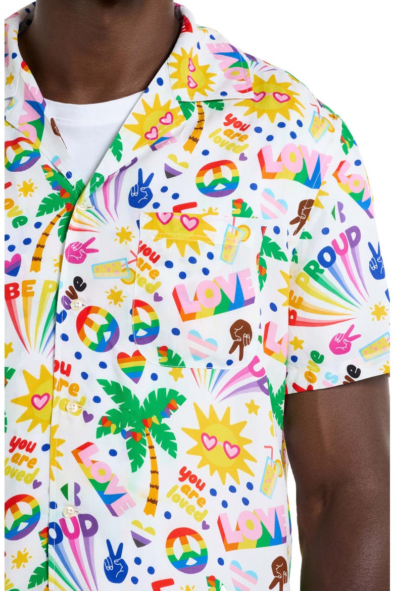 Relaxed Fit Tropic Pride Icons Print Camp Shirt, Alternate, color, WHITE