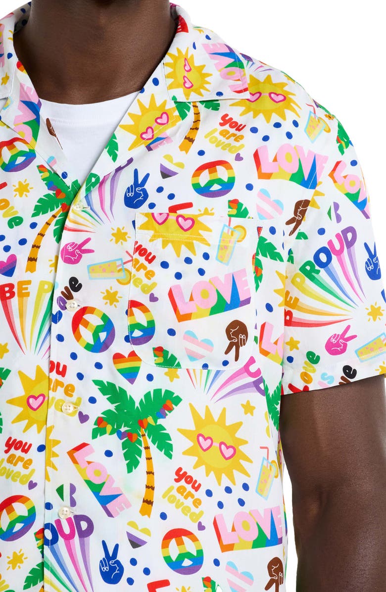 OppoSuits Relaxed Fit Tropic Pride Icons Print Camp Shirt, Alternate, color, White