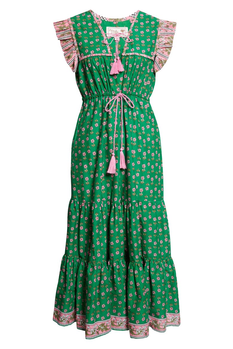 Esme Mixed Print Tassel Tie Cottton Midi Dress, Alternate, color, JELLY BEAN