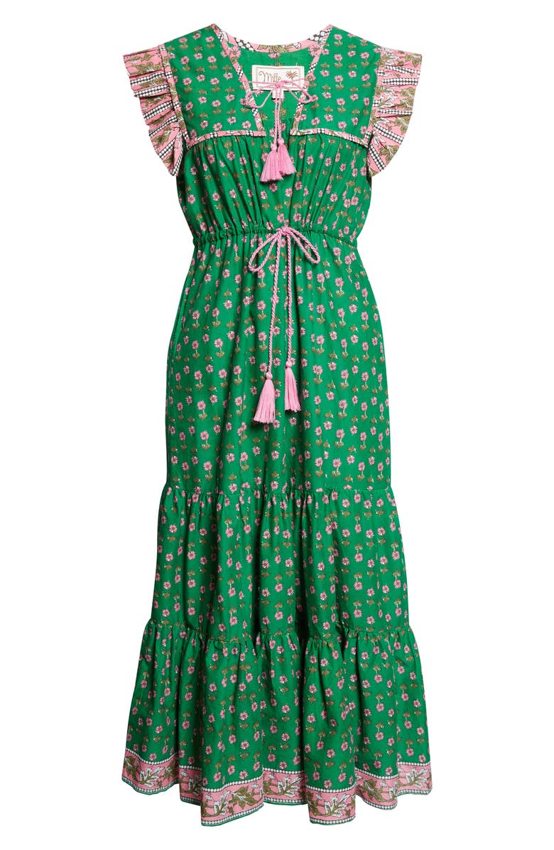 MILLE Esme Mixed Print Tassel Tie Cottton Midi Dress, Alternate, color, Jelly Bean