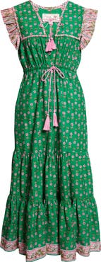 MILLE Esme Mixed Print Tassel Tie Cottton Midi Dress