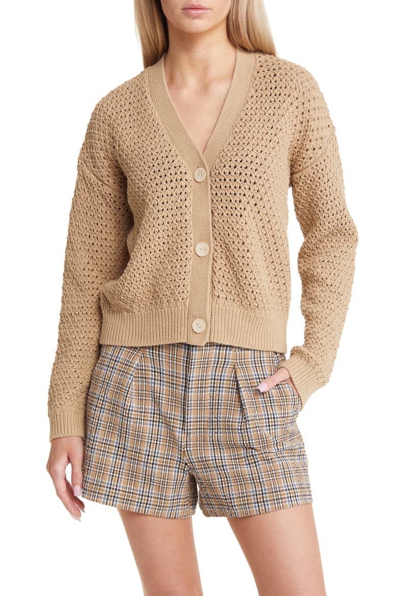 Open Stitch Cotton Crop Cardigan, Main, color, HEATHER BROWN SUGAR