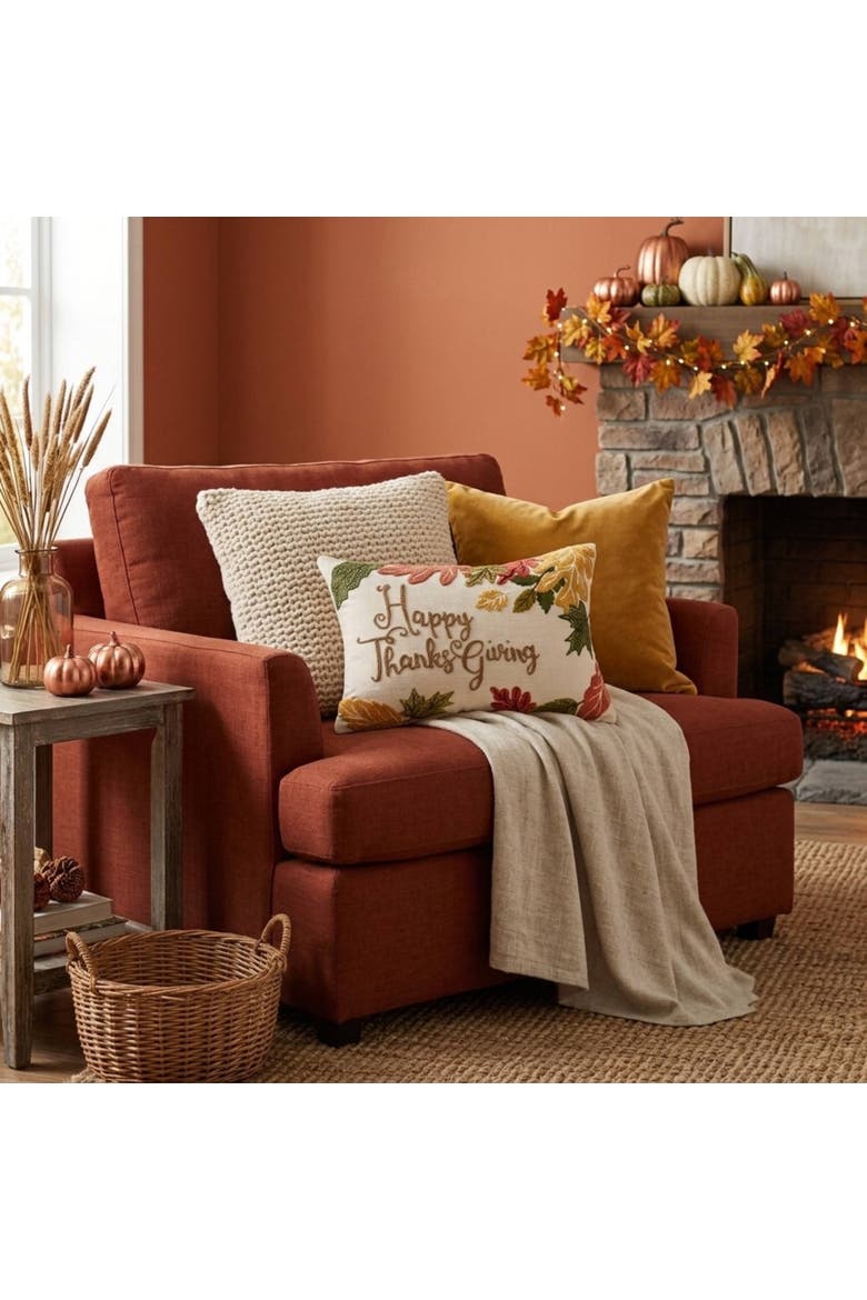 Happy Thanksgiving Leaves Accent Throw Pillow, Alternate, color, Brown