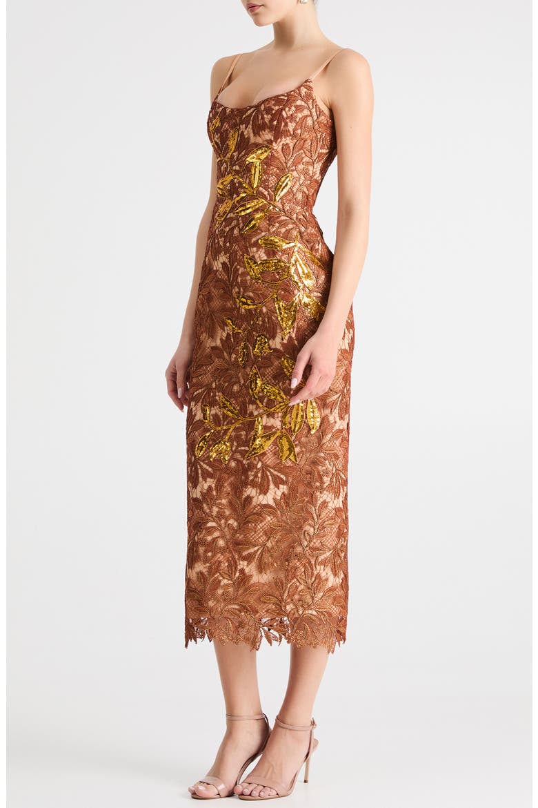 Sequin Lace Overlay Cocktail Midi Dress, Alternate, color, COPPER